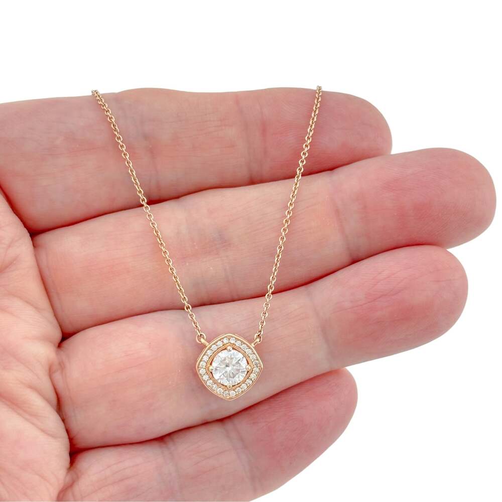 Rose Gold-Tone Sterling Silver 925 CZ Cushion Halo Adjustable Necklace